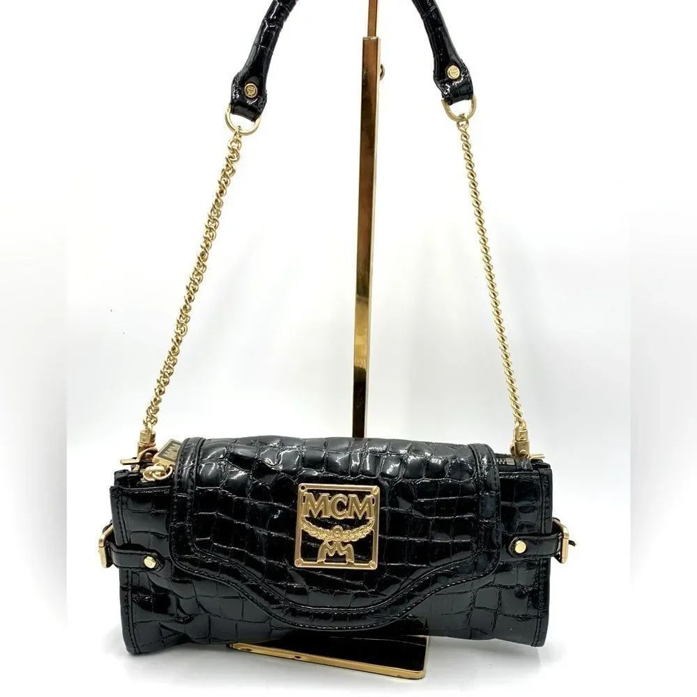 Auth MCM Small Black Croc Embossed Enamel Leather Clutch Chain Strap Preloved